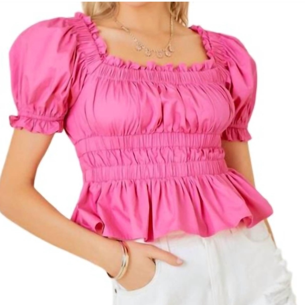 Day+Moon Pink Ruffle Poplin Tiered Babydoll Top - Size Large